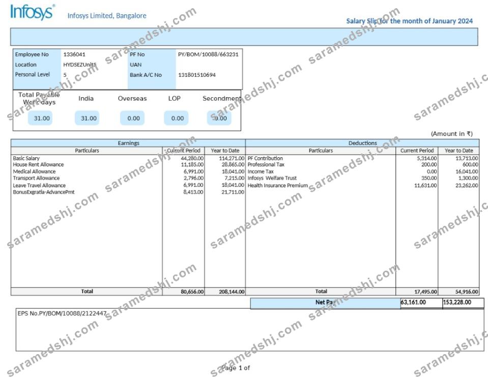 Infosys technology company salary slip template in Word and PDF formats.pdf, 1